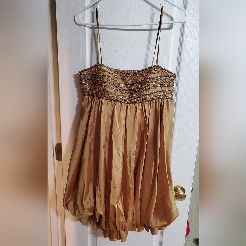 Mikael Aghal gold satin embellished beaded balloon mini dress